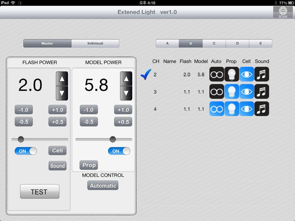 6. PRO X WIFI (ipad) Sterowanie energią błysku ( + : Up, - : Down ) Ustawiona energia żarówki pilotującej Sterowanie energią żar.