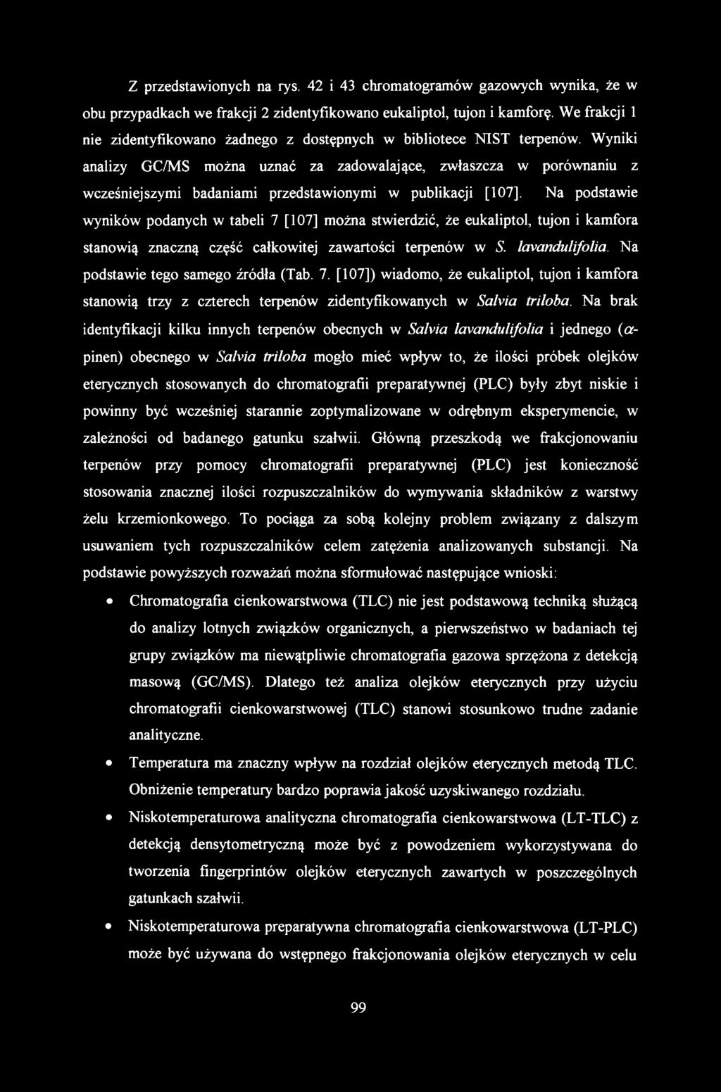 Z przedstawionych na rys. 42 i 43 chromatogramów gazowych wynika, że w obu przypadkach we frakcji 2 zidentyfikowano eukaliptol, tujon i kamforę.