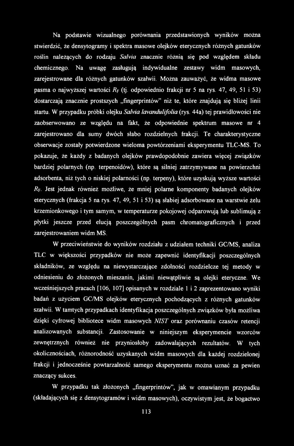 Na podstawie wizualnego porównania przedstawionych wyników można stwierdzić, że densytogramy i spektra masowe olejków eterycznych różnych gatunków roślin należących do rodzaju Safoia znacznie różnią