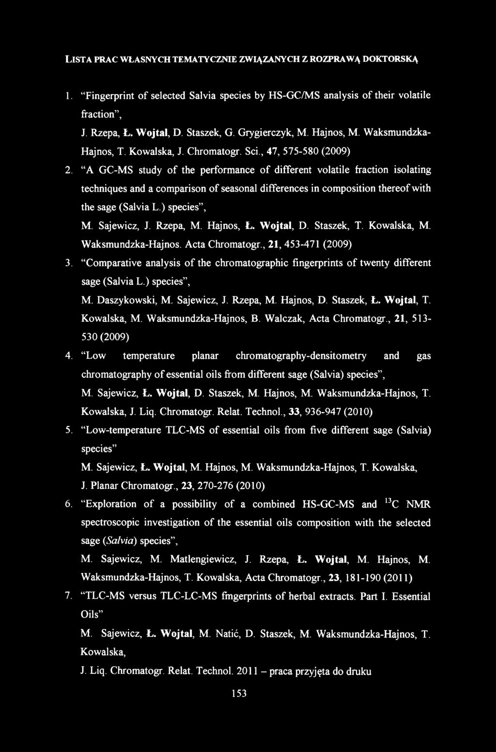 1. Fingerprint of selected Salvia species by HS-GC/MS analysis of their volatile fraction, J. Rzepa, Ł. Wojtal, D. Staszek, G. Grygierczyk, M. Hajnos, M. Waksmundzka- Hajnos, T. Kowalska, J.