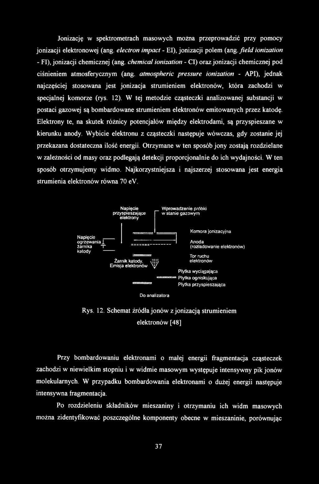 Jonizację w spektrometrach masowych można przeprowadzić przy pomocy jonizacji elektronowej (ang. electron impact - El), jonizacji polem (ang. field ionization - FI), jonizacji chemicznej (ang.