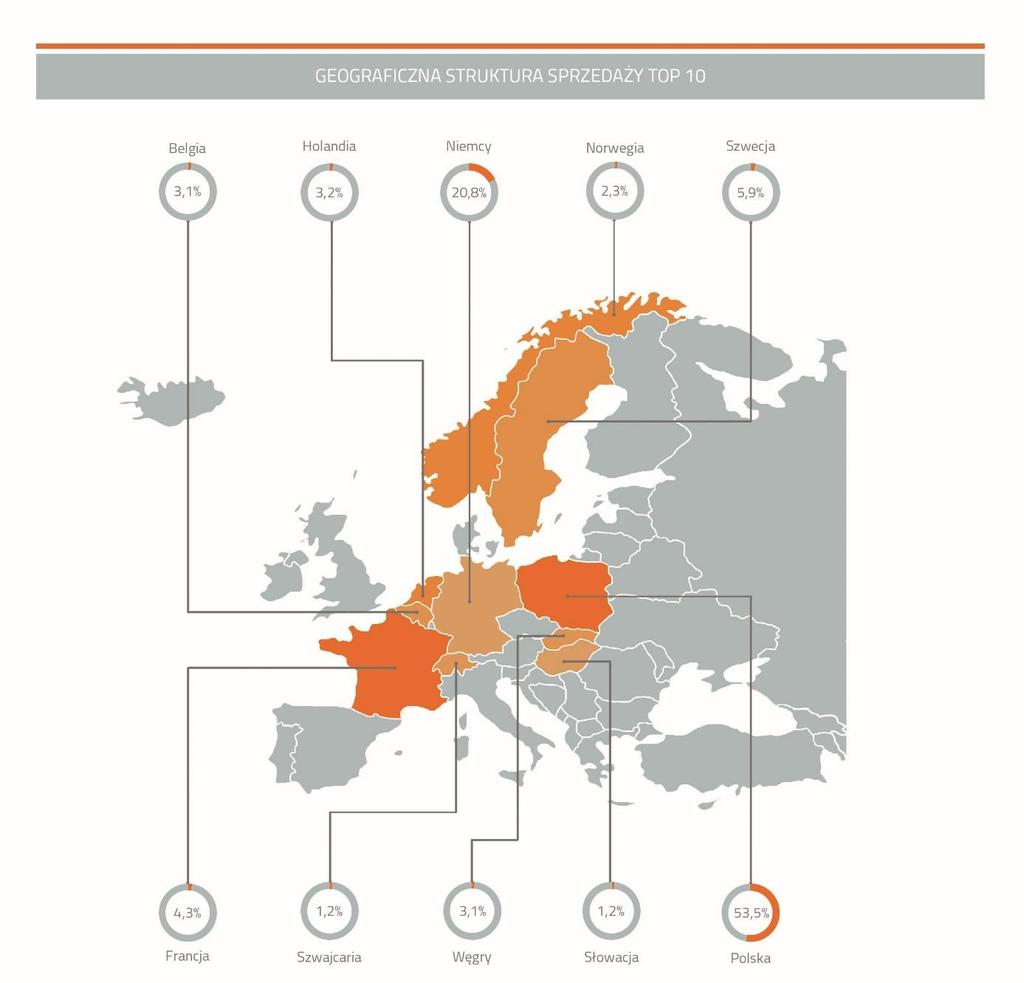 Geograficzne kierunki sprzedaży Pozostałe kraje europejskie 2,5% Pozostałe kraje 0,7% Unia Europejska 43,3% Polska 53,5% Sprzedaż zagraniczna produktów Grupy realizowana jest przede wszystkim na