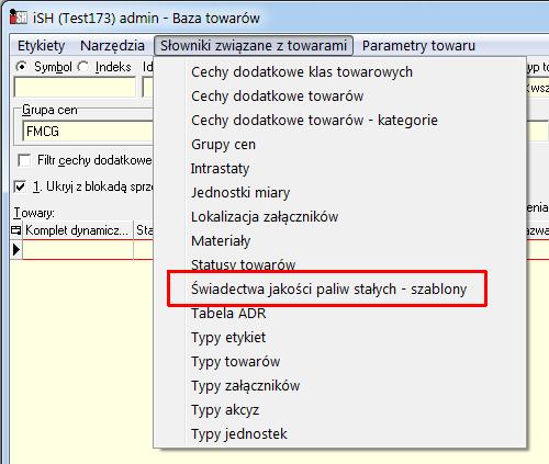 ŚJPS poprzez szablony Z menu okna przeglądu bazy towarowej