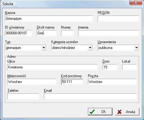 Kliknij ikonę wyświetli się formularz Szkoła.