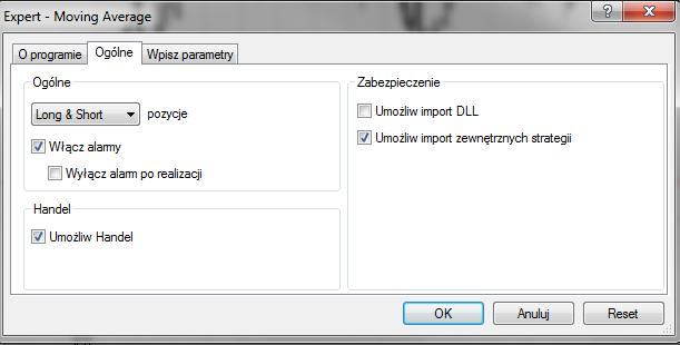 Przykład: wybieramy naszą strategię z: Nawigator -> Strategie -> Moving Average Pojawia się okno, w którym możemy skonfigurować samą strategię określając interesujące nas parametry np.