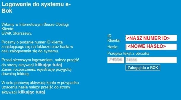 W polu 2) wpisujemy nasze hasło pierwszego logowania, w polu 3) i 4) wpisujemy nasze nowe hasło do konta e-bok. (które po zatwierdzeniu zastąpi hasło pierwszego logowania).