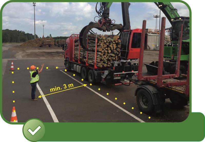 plandek z kontenerów powinno odbywać się z poziomu gruntu. 3.12 Podczas rozładunku drewna okrągłego przez urządzenia SWISS KRONO kierowca nie może znajdować się w zasięgu pracy żurawia (ryc.