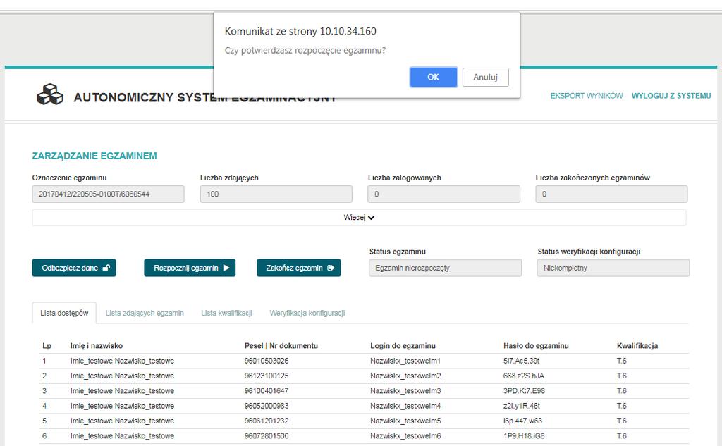 Po poprawnym odbezpieczeniu danych na stronie zarządzania egzaminem pojawią się hasła dostępu zdających powinny być one zgodne z zawartymi w pliku oznaczenie_egzaminu_lista_dostepu.