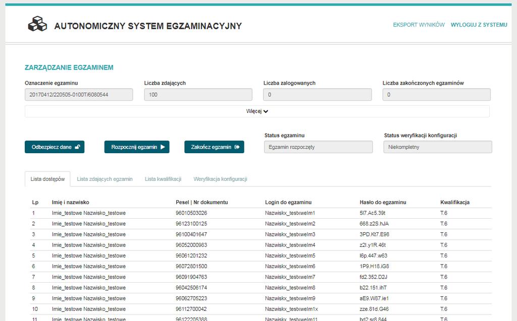 9. Status egzaminu zostanie zmieniony na rozpoczęty 10. W czasie trwania egzaminu istnieje możliwość monitorowania pracy Zdających poprzez wybranie zakładki Lista zdających egzamin.