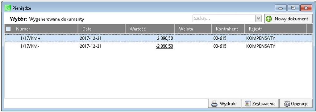 Kompensowanie rozrachunków Ostatnim elementem rozszerzenia jest mo liwo wygenerowania dokumentów kompensacyjnych w systemie na podstawie tak przygotowanych rozlicze.