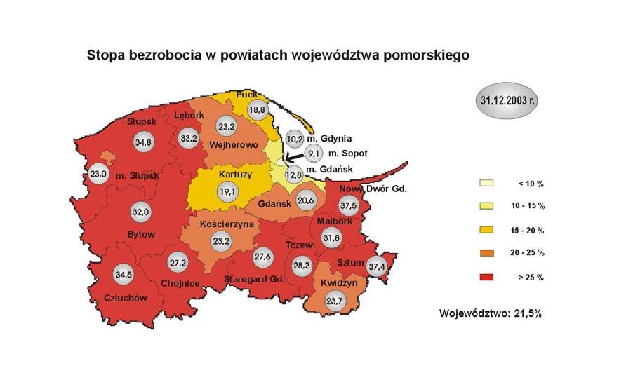 Spade liczby bezobotnych odnotowano w 12 powiatach województwa pomosiego, w 8 powiatach odnotowano wzost liczby bezobotnych. Najwięszy spade liczby bezobotnych miał miejsce w Gdańsu (o 979 osób, tj.