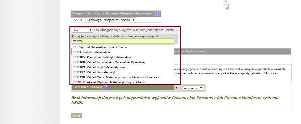 Rysunek 22 Oświadczenie dotyczące składania wniosku na innej jednostce Oświadczenie dotyczące wcześniejszego uczestnictwa w programach Erasmus, Erasmus+ i Erasmus Mundus jest kluczowe ze względu na