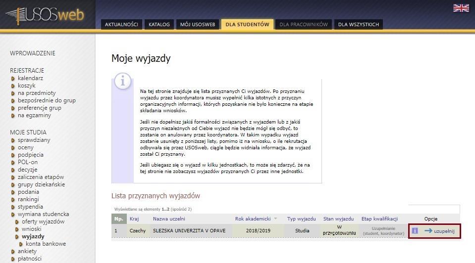 stronę wyjazdów (opcja wyjazdy w interfejsie komponentu wymiany studenckiej, przedstawiona na