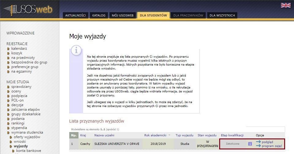 Rysunek 30 Etap kwalifikacji wyjazdu WYDRUK FORMULARZA KWALIFIKACYJNEGO Zatwierdzenie informacji o wyjeździe umożliwia koordynatorowi i studentowi wydruk formularza aplikacyjnego, którego złożenie