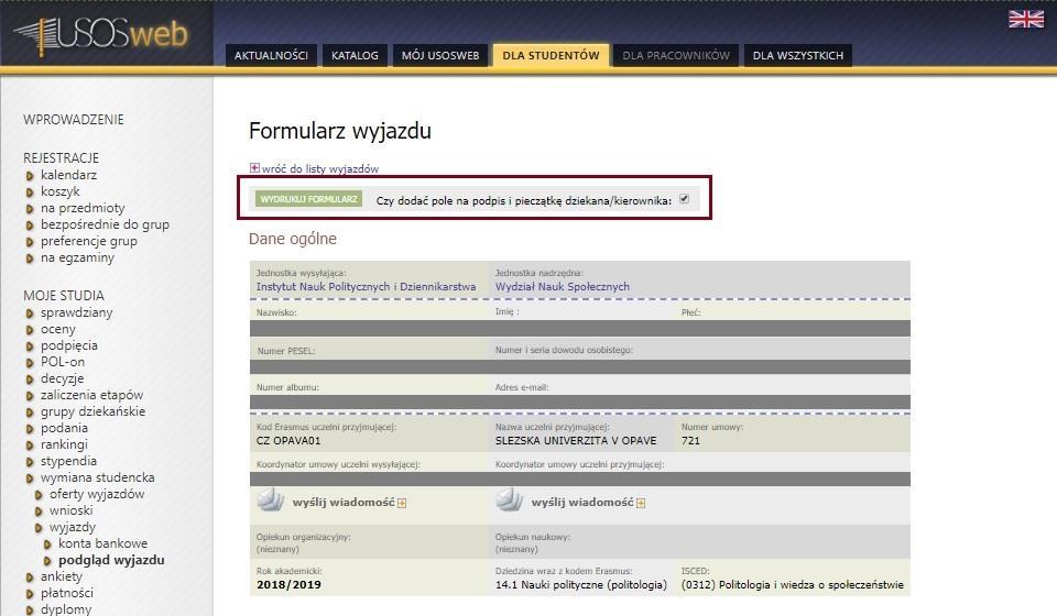 W górnej części strony podglądu informacji o wyjeździe znajduje się przycisk wydrukuj formularz (Rysunek 31). Jego użycie spowoduje zapisanie na dysku lokalnym studenta pliku w formacie PDF.