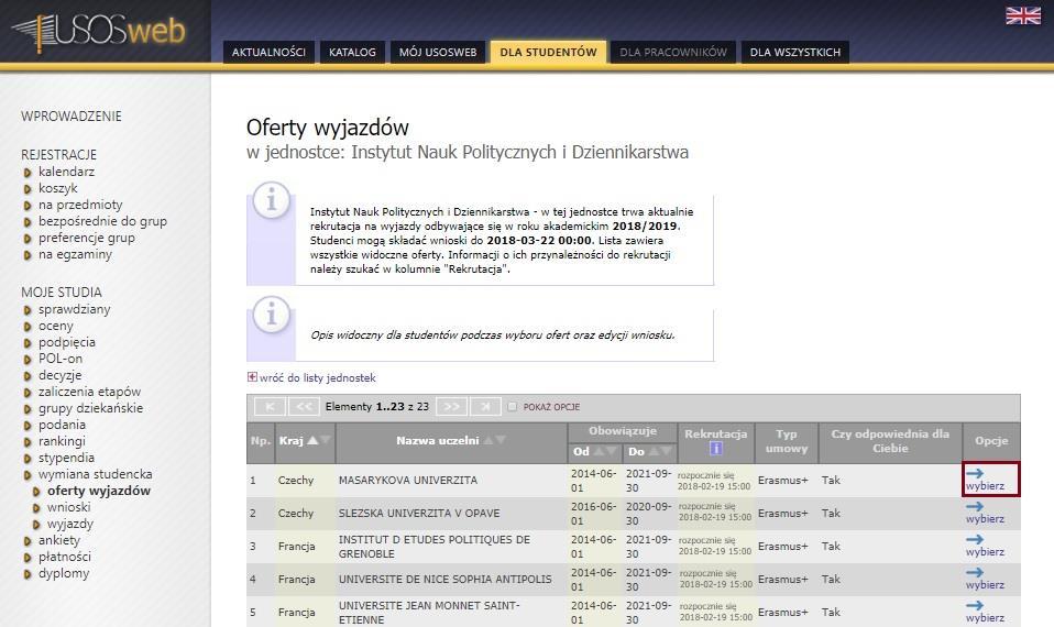 Po wskazaniu jednostki organizacyjnej nastąpi wyświetlenie listy przygotowanych propozycji na wyjazdy.