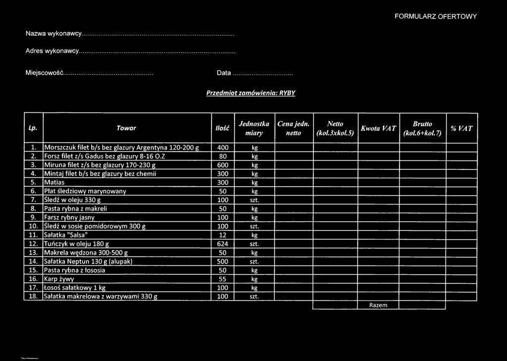 M intaj file t b/s bez glazury bez chemii 300 kg 5. Matias 300 kg 6. Płat śledziowy marynowany 50 kg 7. Śledź w oleju 330 g 100 szt. 8. Pasta rybna z makreli 50 kg 9. Farsz rybny jasny 100 kg 10.