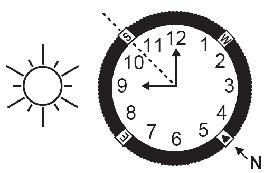 godzinową na słońce. Ustawić pierścień tak, żeby S (południe) znalazło się dokładnie pomiędzy wskazówką godzinową i godziną 12. Aktualizować ustawienie co godzinę.
