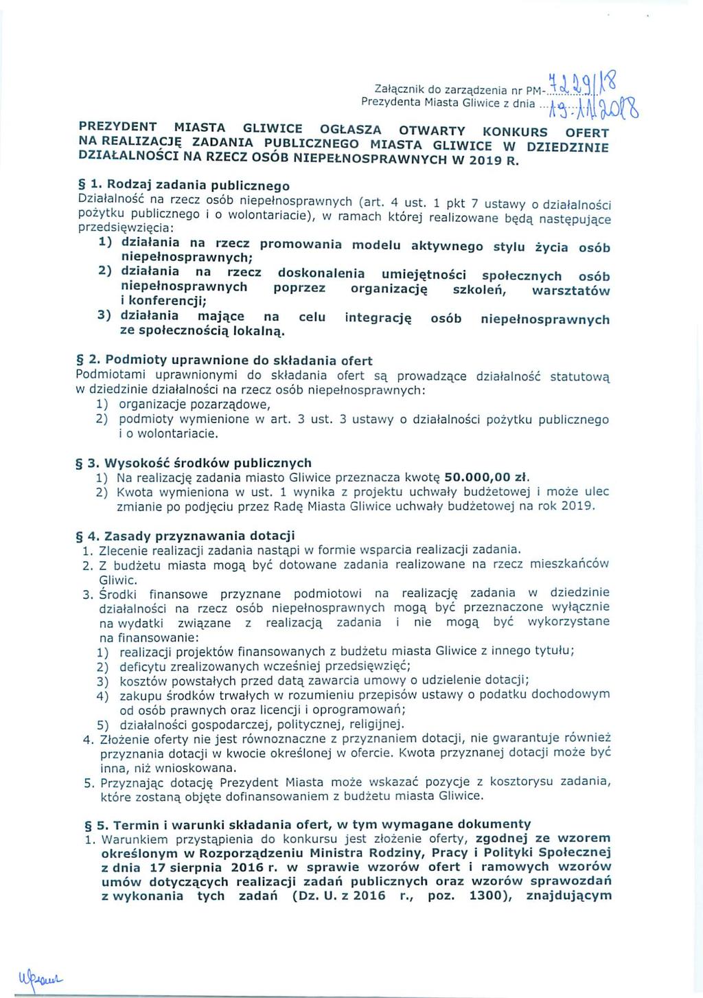 _ Załącznik do zarządzenia nr Pre d ` ' ' ' zy enta Miasta Gliwice 2 dnia iŝ- PREZYDENT MIASTA GLIWICE ogi.