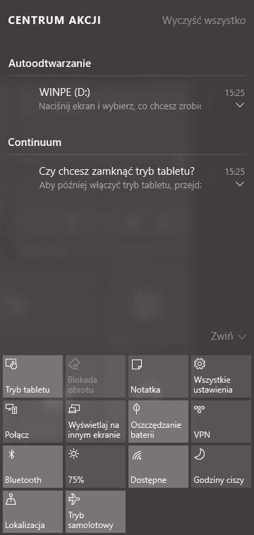 2.2 CENTRUM AKCJI Wykonaj ruch palcem od prawej krawędzi ekranu lub dotknij ikony na pasku zadań, aby otworzyć Centrum akcji. Centrum akcji umożliwia konfigurowanie podstawowych ustawień, np.