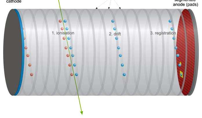 Elektrony z pierwotnej jonizacji dryfują w polu E ze stałą prędkością w kierunku anody.