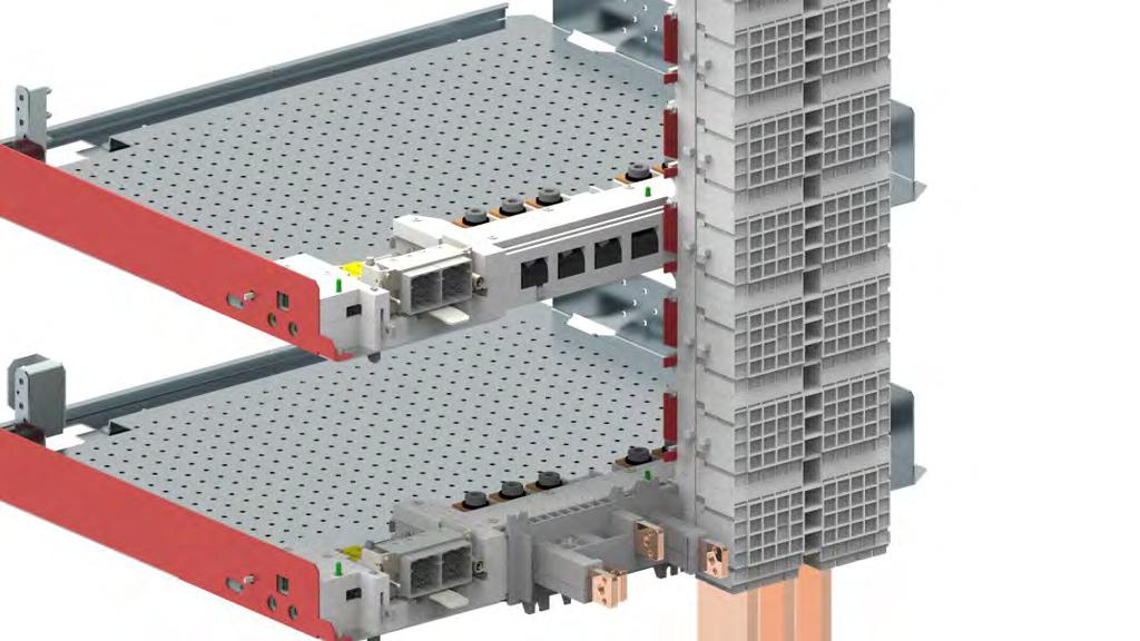 System styków zapobiegający powstaniu łuku elektrycznego Styki główne układu kasetowego są izolowane, a ich połączenie z pionowymi szynami zasilającymi odbywa się tylko przy włożonej do pola i