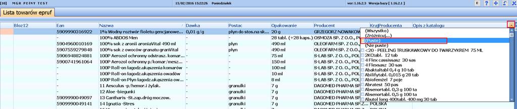 Lista towarów epruf * Aby wyszukać towary, które nie mają powiązania, należy wejść w opcję: Opis katalogu (ustawiamy się na końcu pola)-