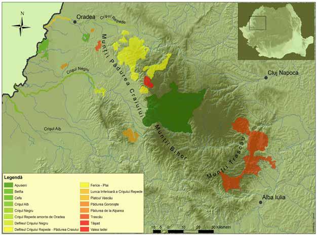 Fig. 1. Map of the LIFE+ project area in NW Romania, with the 16 Natura 2000 sites targeted and five of them (R. ferrumequinum, R. hipposideros, M. myotis, M. oxygnathus and M.