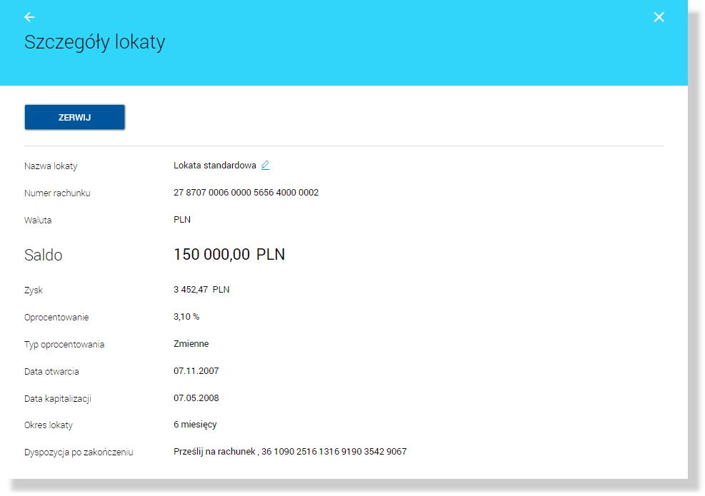 Rozdział 6. Przeglądanie szczegółów lokaty Rozdział 6. Przeglądanie szczegółów lokaty W ramach dostępnych lokat terminowych użytkownik ma możliwość przeglądania szczegółów lokaty.