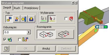 Wiązanie kołka na suwaku i dźwigni2 W tym uzyskania poprawnej pracy mechanizmu wstawimy Wiązanie Zestawiające wskazując osie suwaka i otworu dźwigni2, rys 12 i 13.