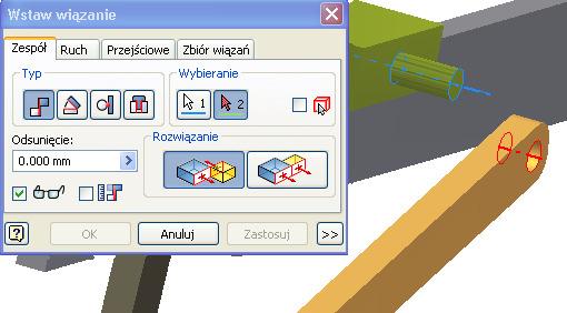 8. Wiązanie kołka na suwaku i dźwigni2 Dla uzyskania poprawnej pracy mechanizmu wstawimy Wiązanie Zestawiające wskazując osie kołka suwaka i otworu dźwigni2, rys 17. Rys. 17 Uwaga.