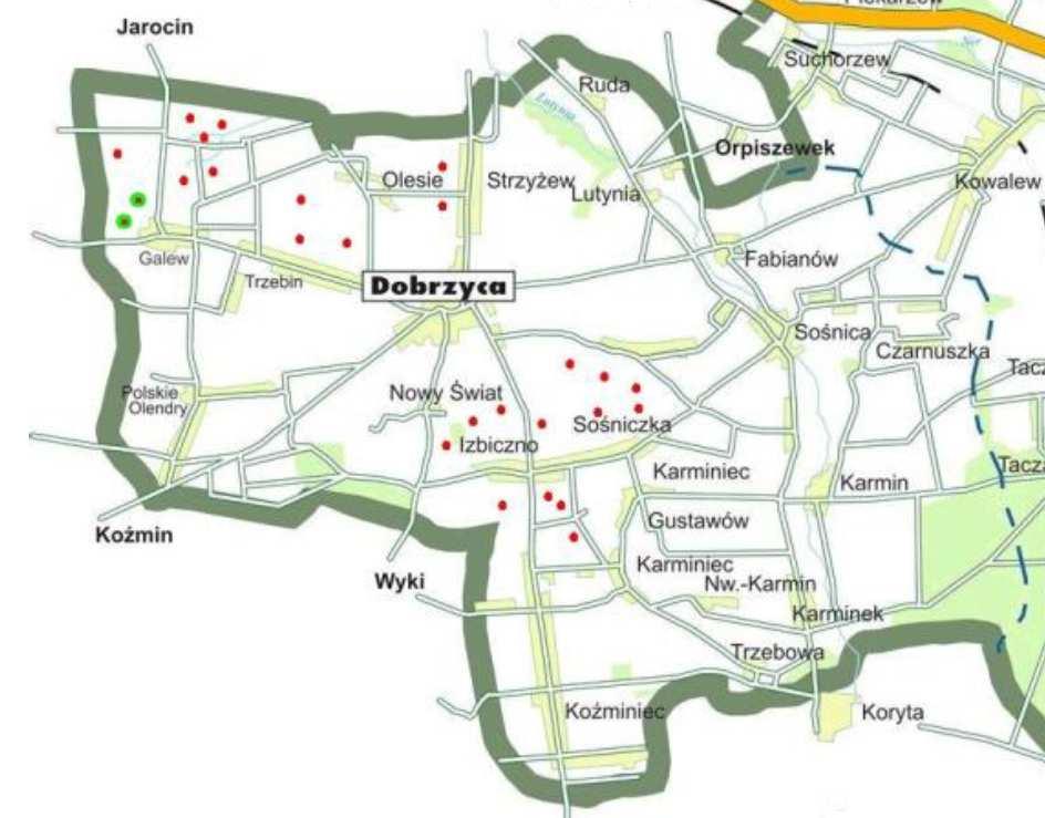 Rys. 10 Rozmieszczenie elektrowni wiatrowych w Gminie Dobrzyca wg stanu na 2014 r.