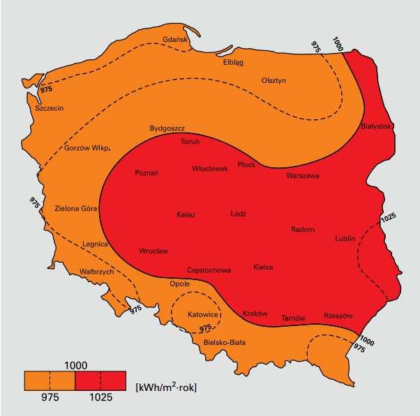 Rys. 11 Rejonizacja średniorocznych sum promieniowania słonecznego całkowitego padającego na jednostkę powierzchni poziomej w kwh/m 2 /rok źródło: http://www.viessmann.