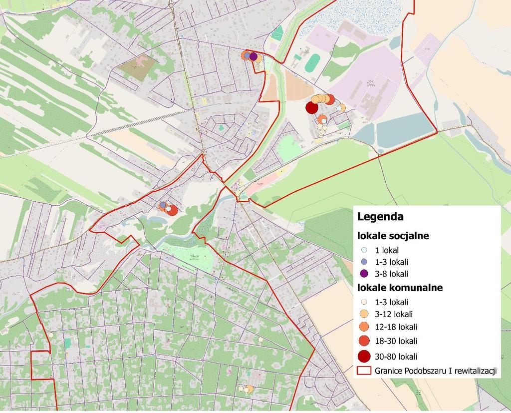 Mapa 8 Lokalizacja oraz ilość lokali socjalnych i lokali komunalnych na terenie Podobszaru I rewitalizacji Źródło: Opracowanie własne na podstawie danych Urzędu Miasta i Gminy Konstancin-Jeziorna