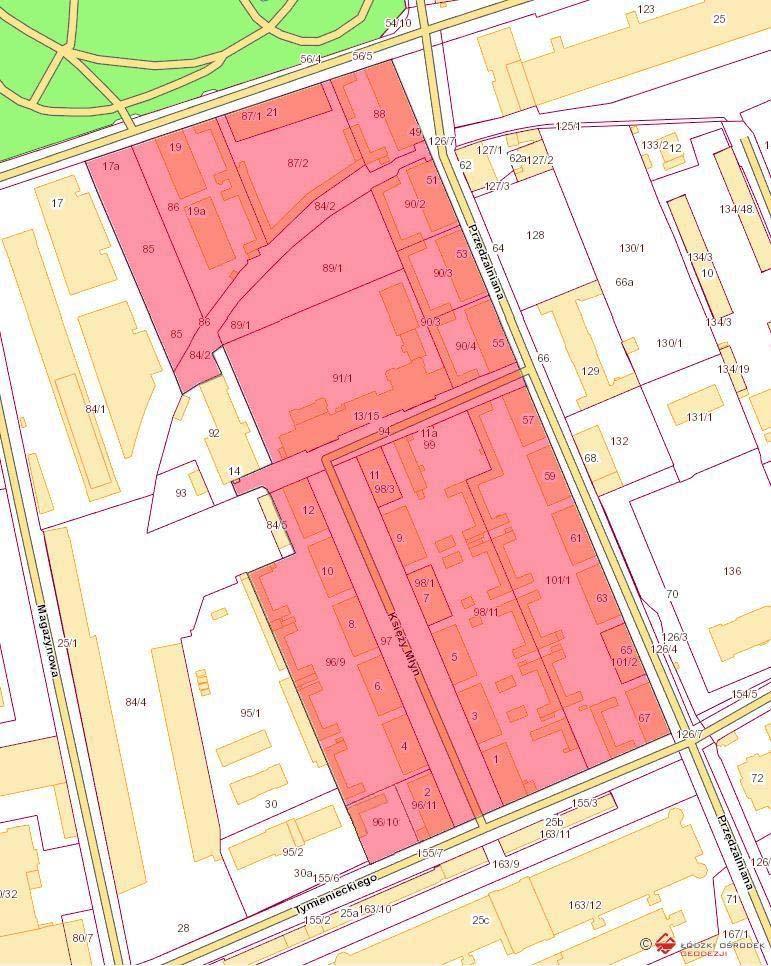 Obszar Zintegrowanego Programu dla Księżego Młyna ul. Księży Młyn numery od 1 do 12 ul. Przędzalniana numery nieparzyste od 49 do 67 ul.