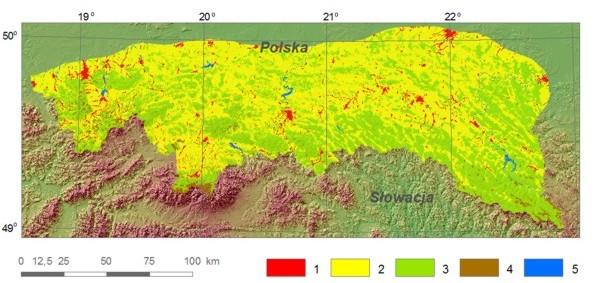 Baza danych CORINE Land Cover dla obszaru polskiej części Karpat dla roku 2000, rozdzielczość przestrzenna 100m, 1 - tereny antropogeniczne; 2 - Tereny rolne; 3 - Lasy; 4 - Ekosystemy seminaturalne i