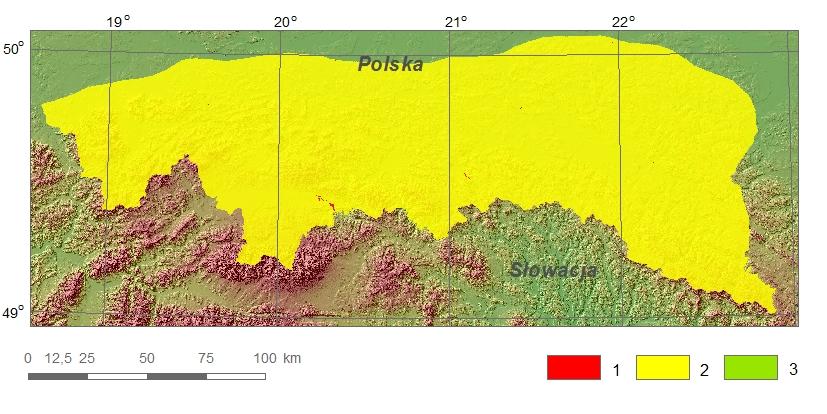 Lokalizacja obszarów zmian powierzchni użytkowanej rolniczo na obszarze polskiej części Karpat wyznaczonych zgodnie z założeniami wskaźnika zmian powierzchni użytkowanej rolniczo przyjętych w