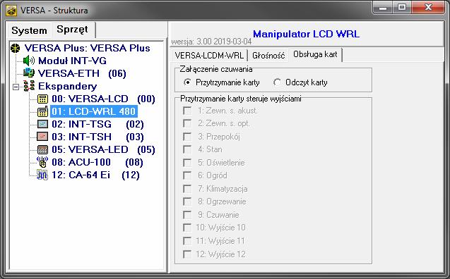 SATEL VERSA-KWRL2 11 W przypadku konfigurowania manipulatora przy pomocy funkcji dostępnych w trybie serwisowym, do określenia sposobu załączania czuwania przy pomocy karty służy opcja Zbl.karty zał.