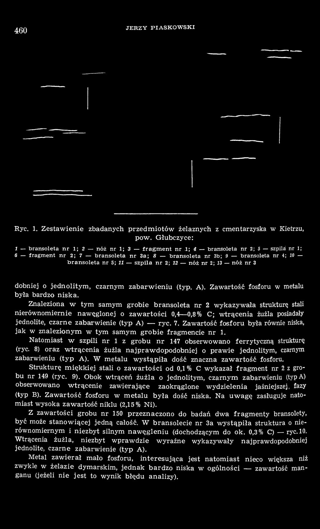 nr 2; 12 nóż nr 2; 13 nóż nr 3 dobniej o jednolitym, czarnym zabarwieniu (typ. A). Zawartość fosforu w metalu była bardzo niska.