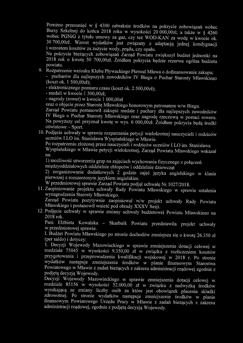 Pomimo przesunięć w 4300 zabraknie środków na pokrycie zobowiązań wobec Bursy Szkolnej do końca 2018 roku w wysokości 20 000,00zł, a także w 4260 wobec PGNiG z tytułu umowy za gaz, czy też WOD-KAN za
