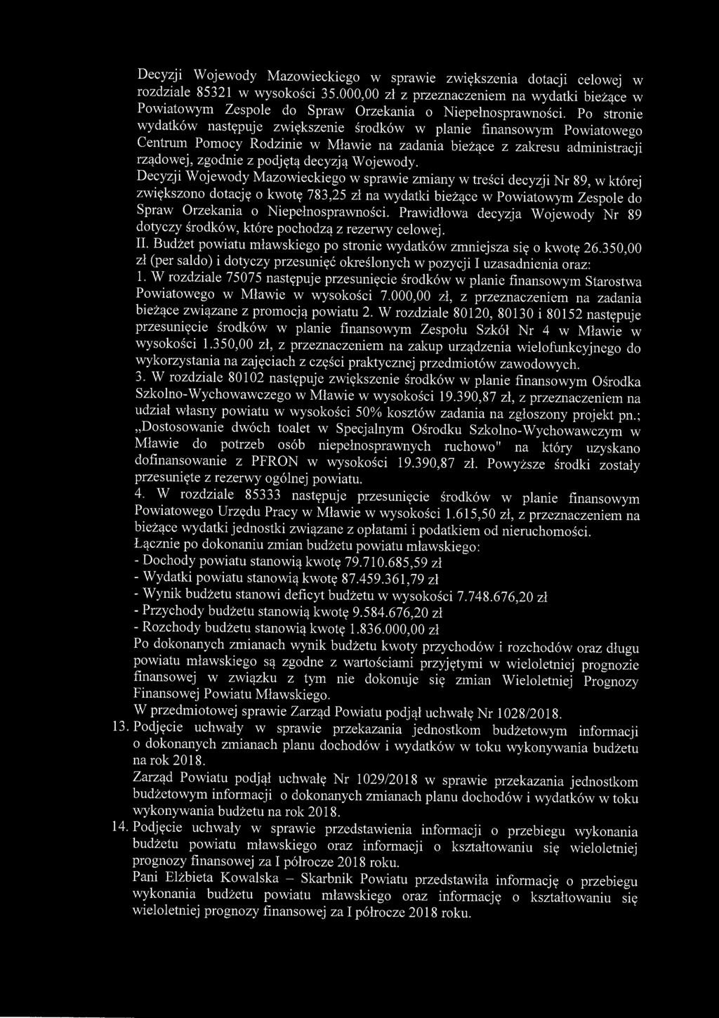 Decyzji Wojewody Mazowieckiego w sprawie zwiększenia dotacji celowej w rozdziale 85321 w wysokości 35.