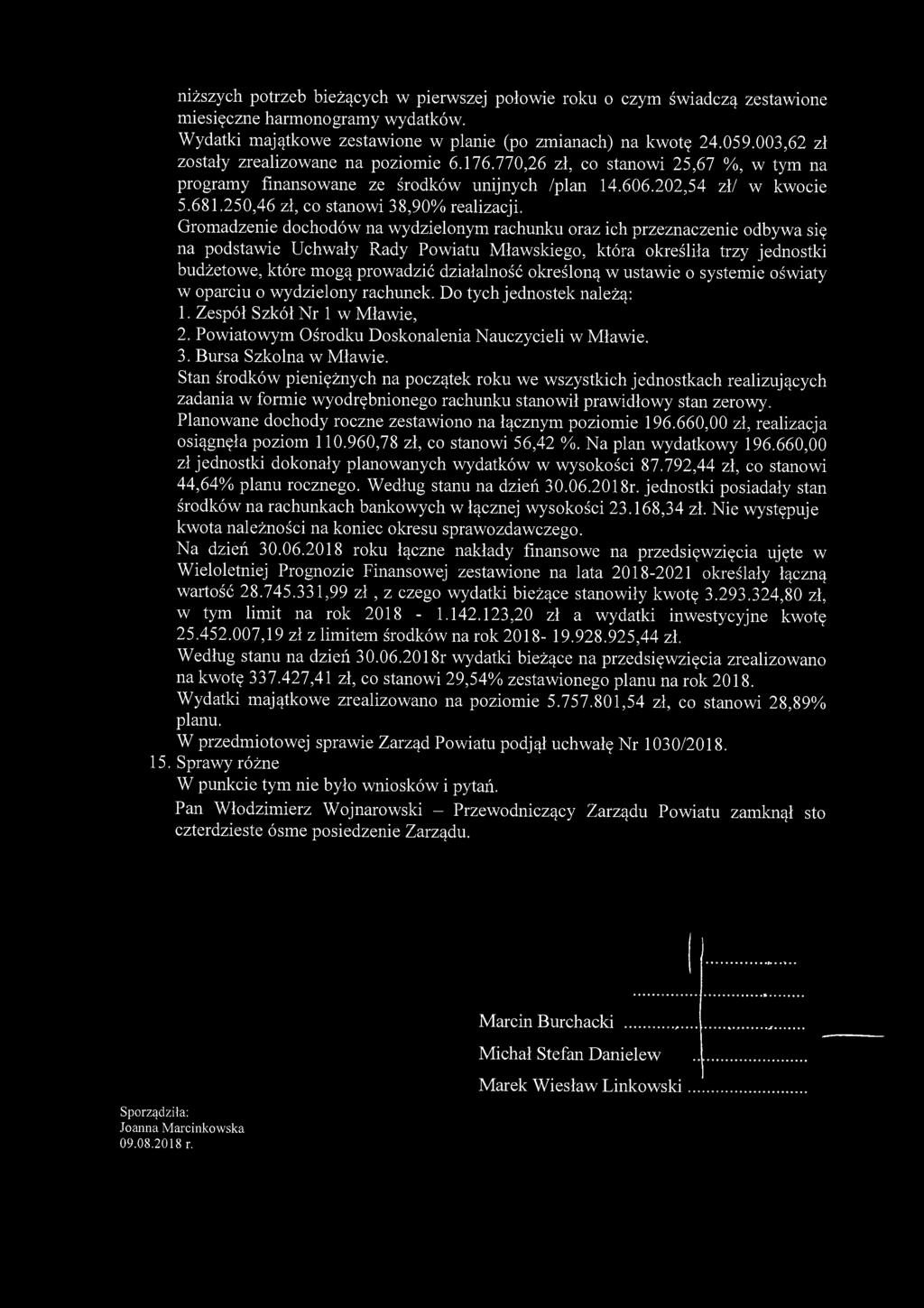 niższych potrzeb bieżących w pierwszej połowie roku o czym świadczą zestawione miesięczne harmonogramy wydatków. Wydatki majątkowe zestawione w planie (po zmianach) na kwotę 24.059.