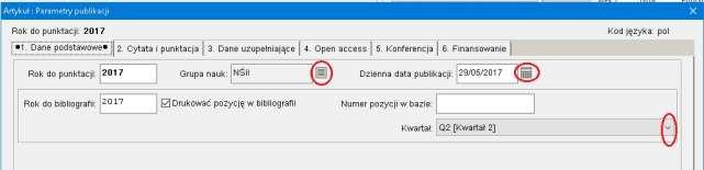 PARAMETRY ARTYKUŁU 773 Dane dotyczące tytułu czasopisma wypełniamy w zakładce Parametry publikacji: W zakładce 1.