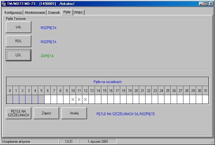 6.1.6 Pętle Zakładka pętle daje operatorowi możliwość uaktywnienia następujących pętli: lokalnej analogowej (LAL) na porcie liniowym G.703; lokalnej cyfrowej (LDL) na porcie cyfrowym V.