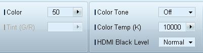 Kolor Opcje Color i Tint (G/R) są niedostępne, jeśli jako źródło sygnału wybrano opcję PC. Opcje Color, Tint (G/R), Color Tone i Color Temp.