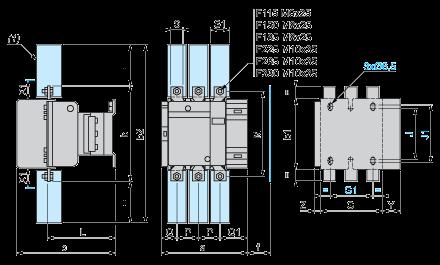 Contractual warranty Okres 18 miesięcy Dimensions and Drawings LC1 F115 to F330 (1) Power terminal protection shroud X1 (mm) = Minimum electrical clearance according to operating voltage and breaking