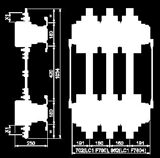 5 328.5 139.5 159.5 53 73 Assembly C (6) 4 x Ø8.5 for LC1 F400, F500 or 4 x Ø10.5 for LC1 F630 and F800. (7) Only 3P for F800. (8) In this case, G4 is greater than G5.