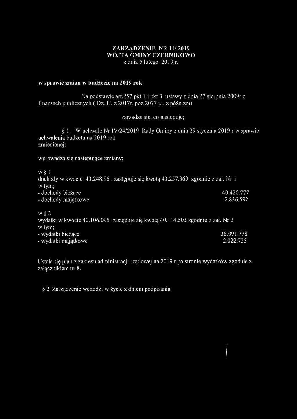 W uchwale Nr IV/24/2019 Rady Gminy z dnia 29 stycznia 2019 r w sprawie uchwalenia budżetu na 2019 rok zmienionej: wprowadza się następujące zmiany; w 1 dochody w kwocie 43.248.