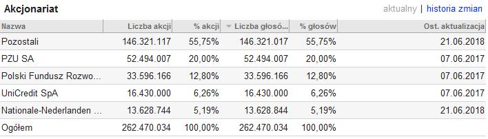 Rys. 13. Tabela przedstawiająca aktualny akcjonariat wybranej spółki.