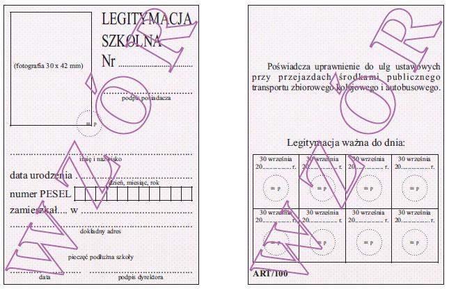 LEGITYMACJA SZKOLNA, Z WYJĄTKIEM SZKÓŁ POLICEALNYCH Wzór nr